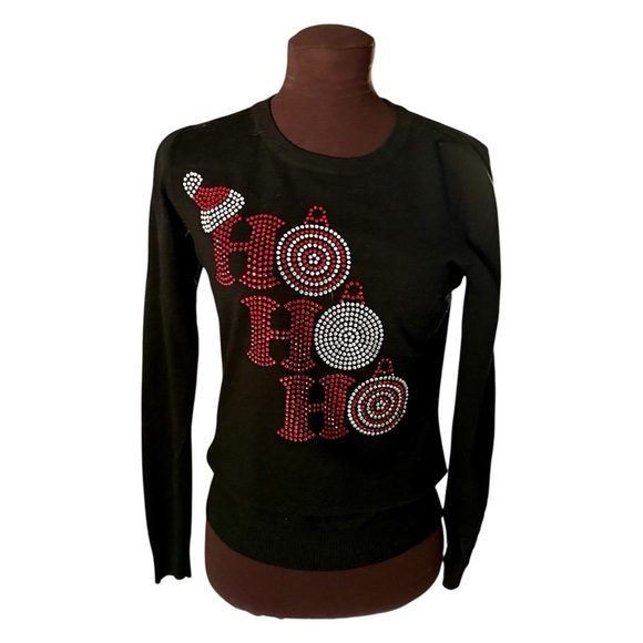 Vila Milano Black Rhinestone HO HO HO Lightweight Sweater, Womens size Medium - Picture 11 of 12